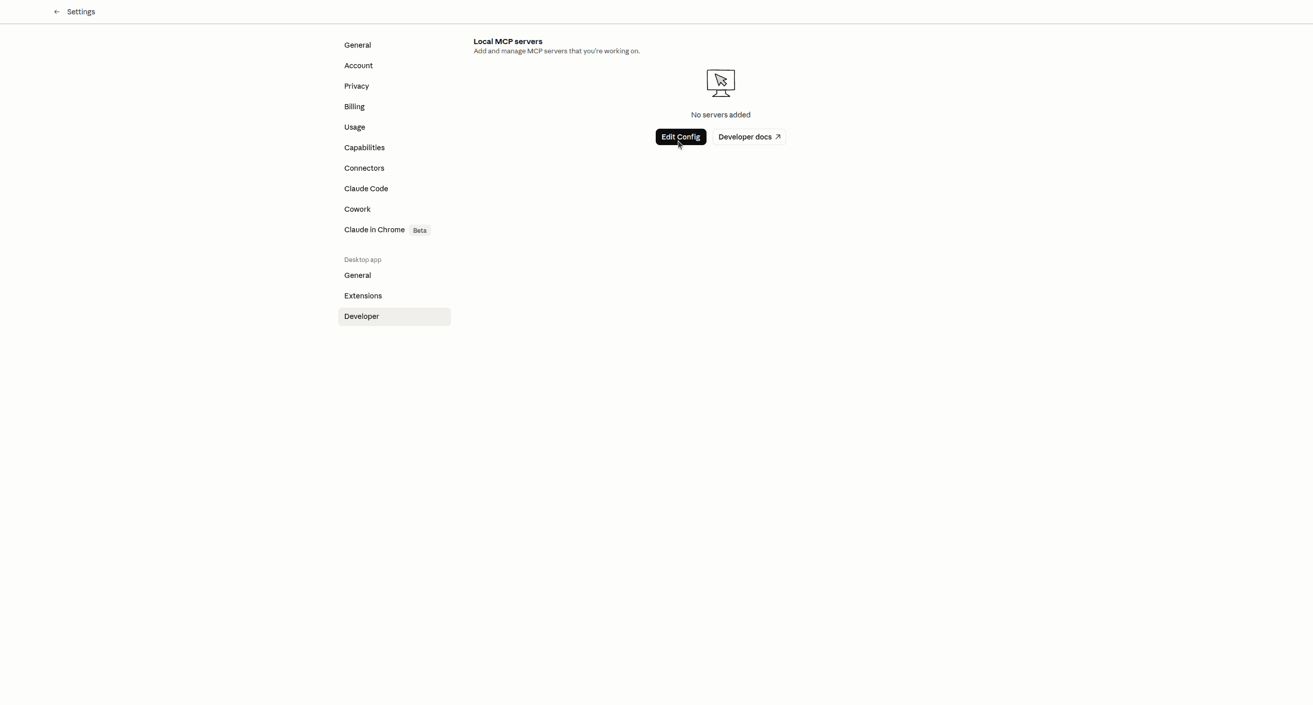 Claude Desktop Settings → Developer panel with the Edit Config button